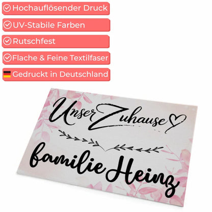 Familien Fußmatte mit Namen Rosa Floral Unser Zuhause personalisiert