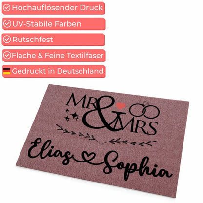 Personalisierte Fußmatte Familie Hochzeit Mr & Mrs Rosa für Ihr Zuhause