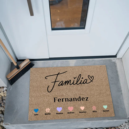 Personalisierte Familien Fußmatte mit Namen Familie Auf Portugiesisch Família mit Herzen Haustiere 2