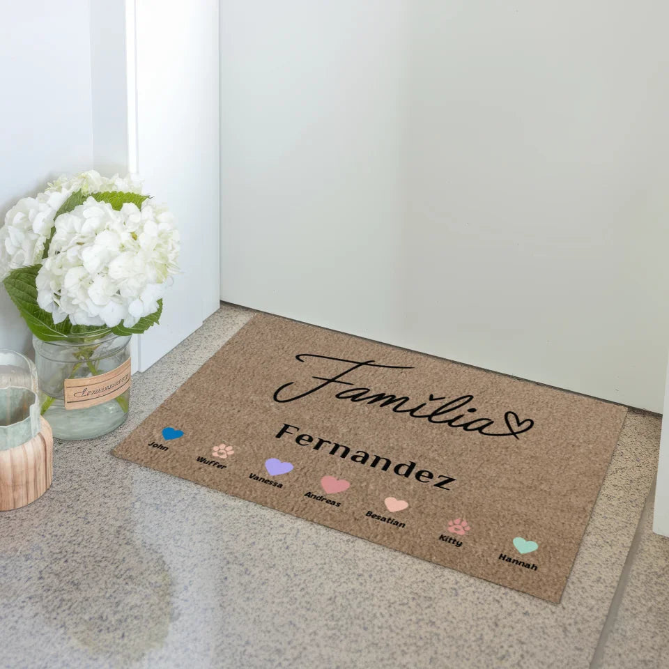 Personalisierte Familien Fußmatte mit Namen Familie Auf Portugiesisch Família mit Herzen Haustiere 3