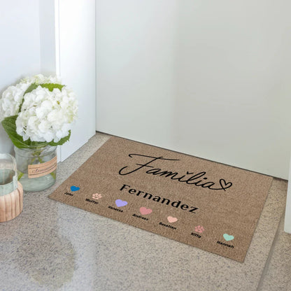 Personalisierte Familien Fußmatte mit Namen Familie Auf Portugiesisch Família mit Herzen Haustiere 3