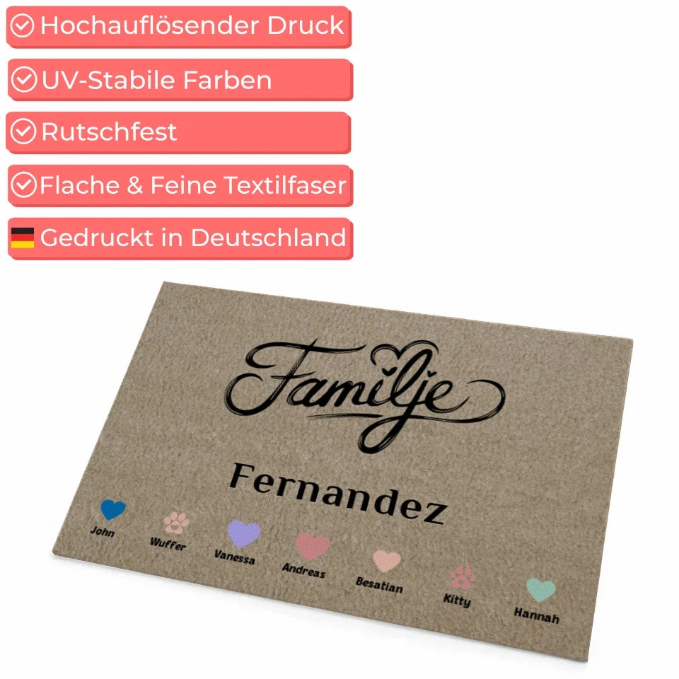 Personalisierte Familie Fußmatte mit Herzen und Haustieren Familje