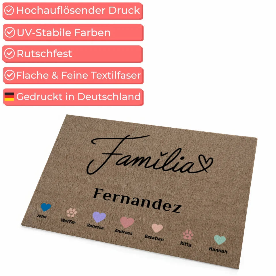 Personalisierte Familien Fußmatte mit Namen Familie Auf Portugiesisch Família mit Herzen Haustiere 4