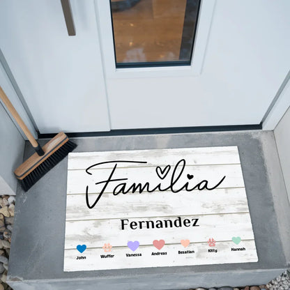 Personalisierte Fußmatte Familie Haustiere mit Herzen gestalten 2