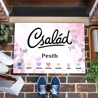 Personalisierte Familien Fußmatte mit Namen und Herzen Haustiere 1