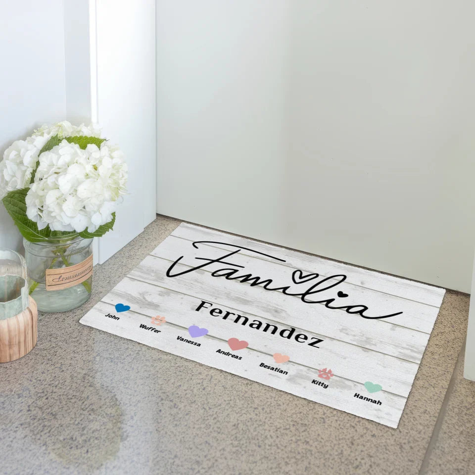 Personalisierte Fußmatte Familie Haustiere mit Herzen gestalten 3