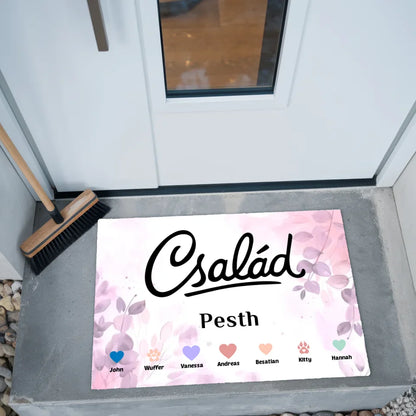 Personalisierte Familien Fußmatte mit Namen und Herzen Haustiere 2