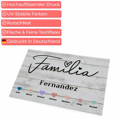 Personalisierte Fußmatte Familie Haustiere mit Herzen gestalten 4