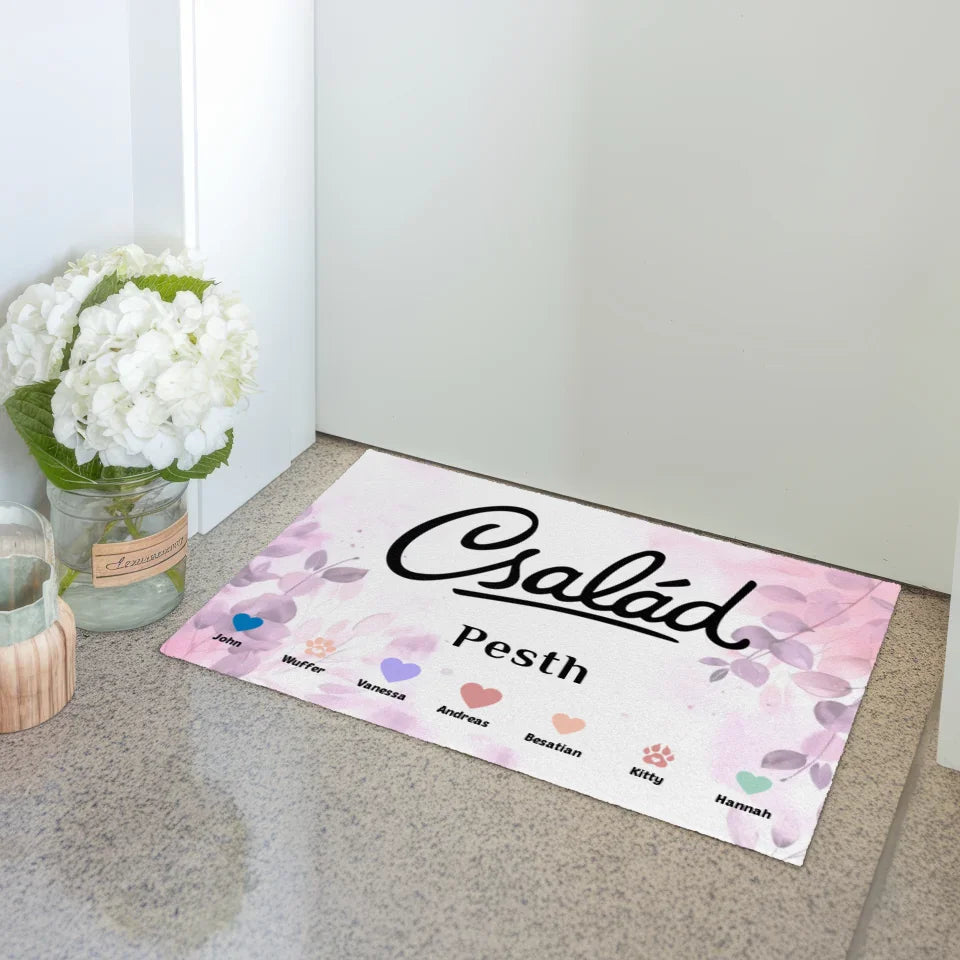 Personalisierte Familien Fußmatte mit Namen und Herzen Haustiere 3
