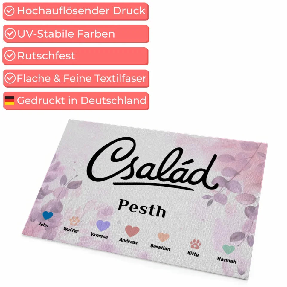 Personalisierte Familien Fußmatte mit Namen und Herzen Haustiere 4
