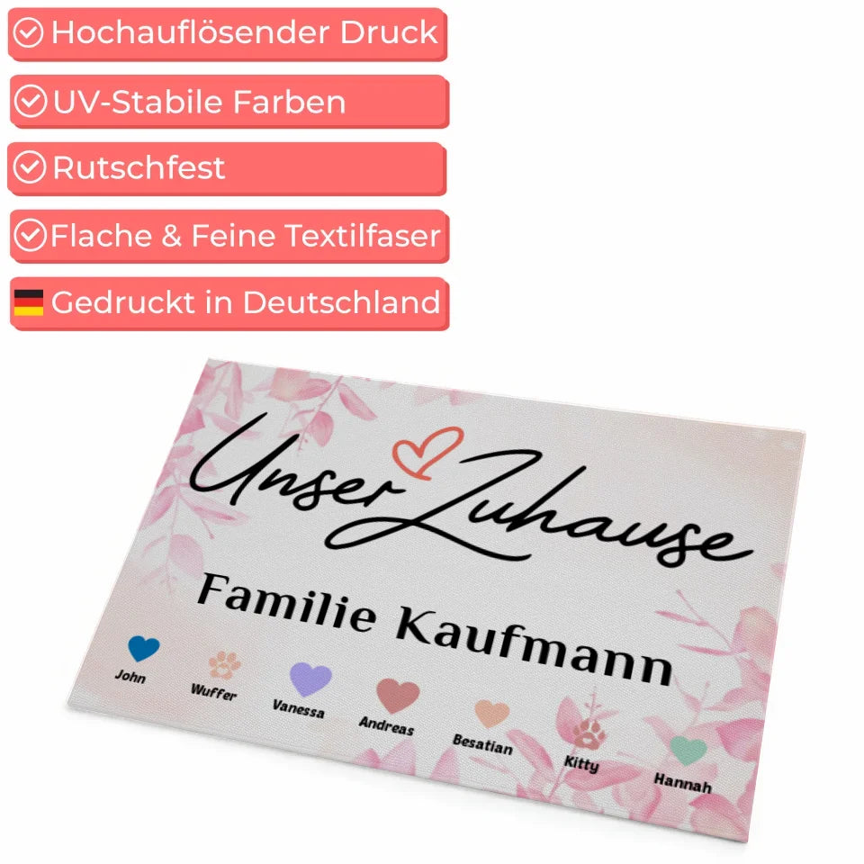 Personalisierte Fußmatte mit Namen Unser Zuhause mit Herzen Haustiere