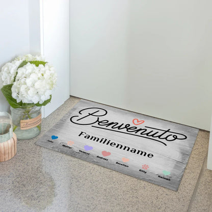 Personalisierte Fußmatte Willkommen Auf Italienisch Benvenuto mit Herzen Haustiere 3
