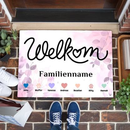 Personalisierte Familien Fußmatte mit Namen Willkommen Welkom Haustiere Herzen 1