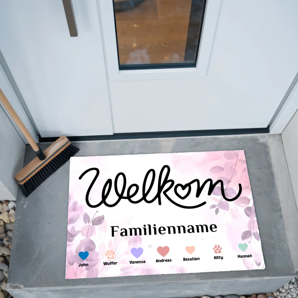 Personalisierte Familien Fußmatte mit Namen Willkommen Welkom Haustiere Herzen 2