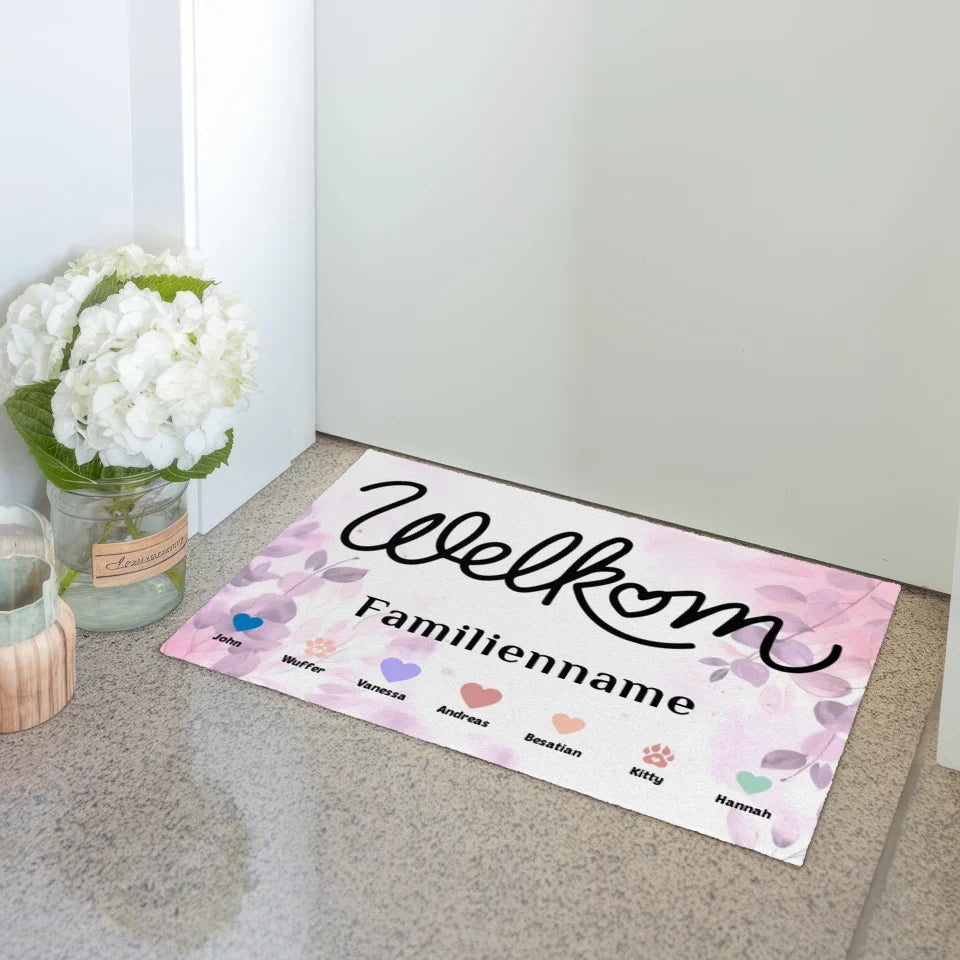 Personalisierte Familien Fußmatte mit Namen Willkommen Welkom Haustiere Herzen 3