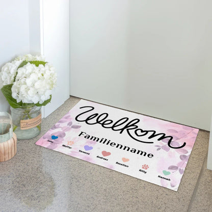 Personalisierte Familien Fußmatte mit Namen Willkommen Welkom Haustiere Herzen 3