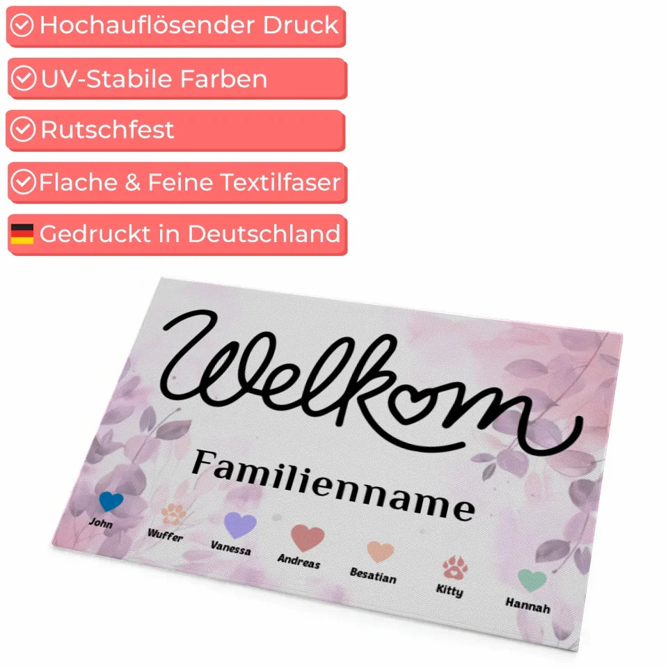 Personalisierte Familien Fußmatte mit Namen Willkommen Welkom Haustiere Herzen 4