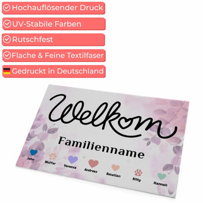 Personalisierte Familien Fußmatte mit Namen Willkommen Welkom Haustiere Herzen 4