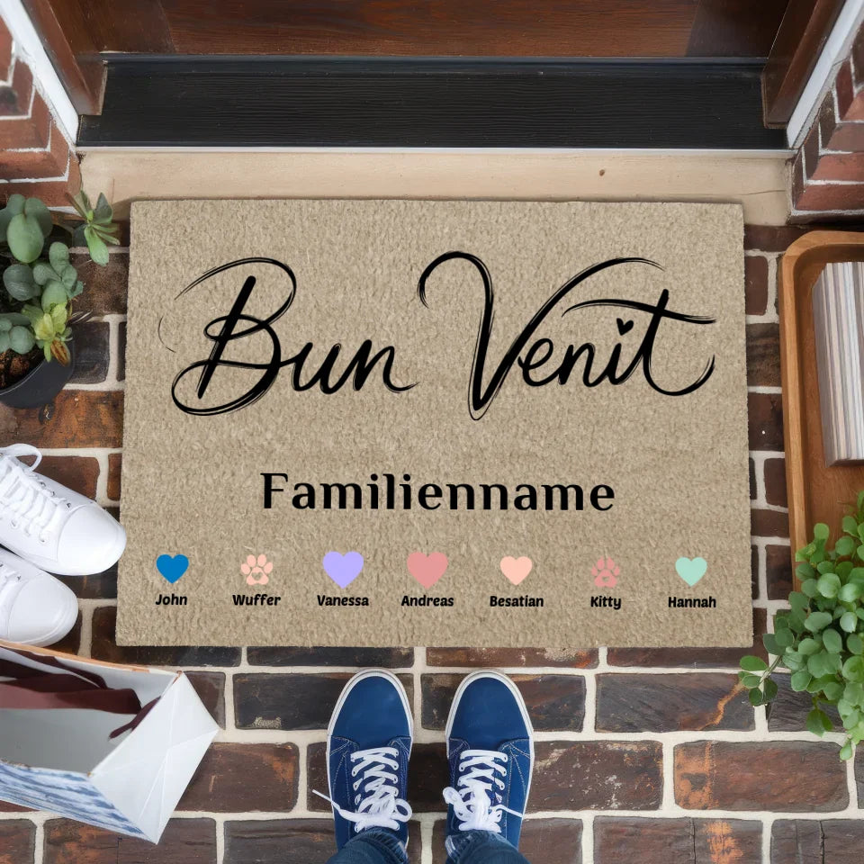 Personalisierte Familie Fußmatte Bun Venit mit Herzen Haustiere