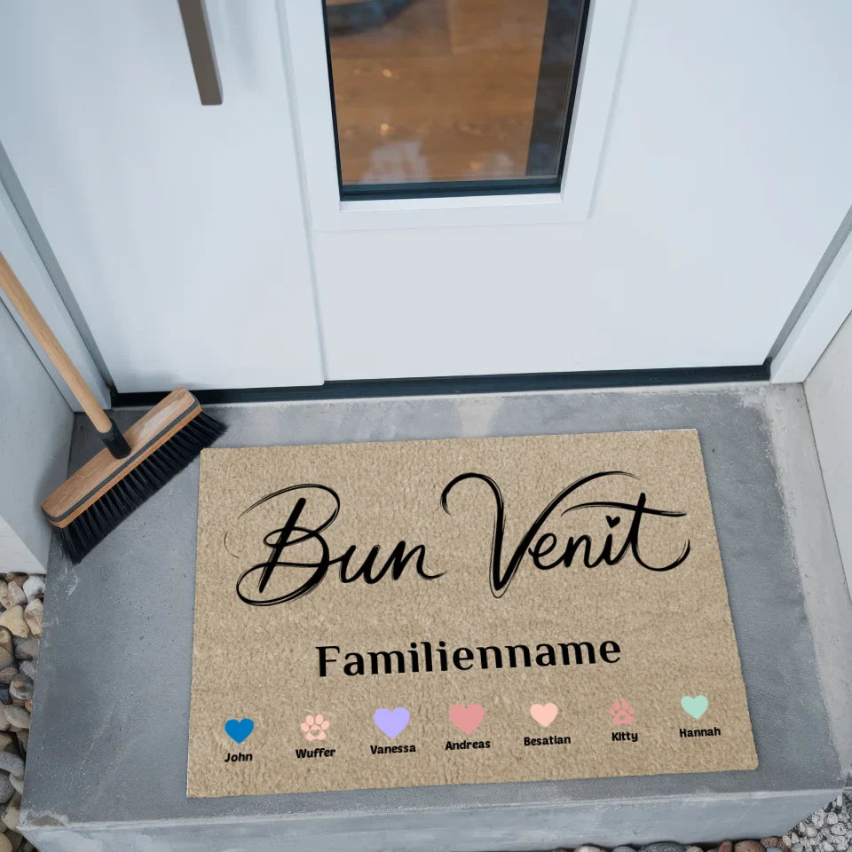 Personalisierte Familie Fußmatte Bun Venit mit Herzen Haustiere