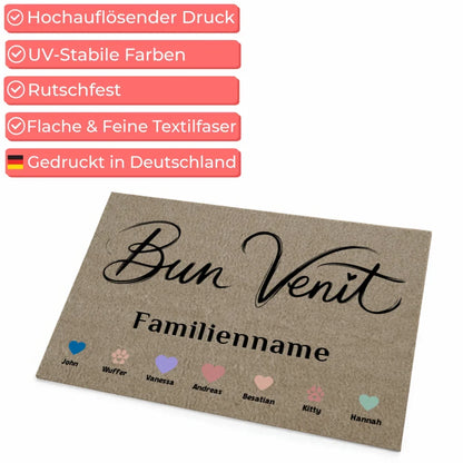 Personalisierte Familie Fußmatte Bun Venit mit Herzen Haustiere