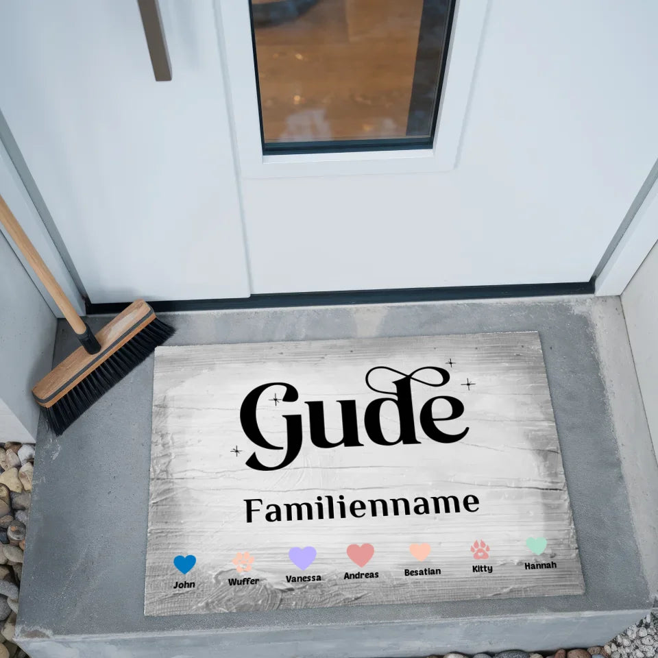 Personalisierte Fußmatte Gude mit Herzen und Haustieren