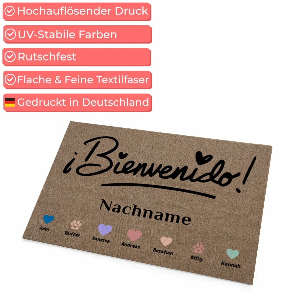 Personalisierte Familie Fußmatte mit Namen Willkommen Auf Spanisch ¡Bienvenido! mit Herzen Haustiere