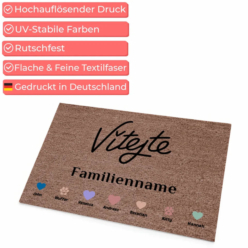 Personalisierte Fußmatte mit Namen Vítejte mit Herzen Haustiere