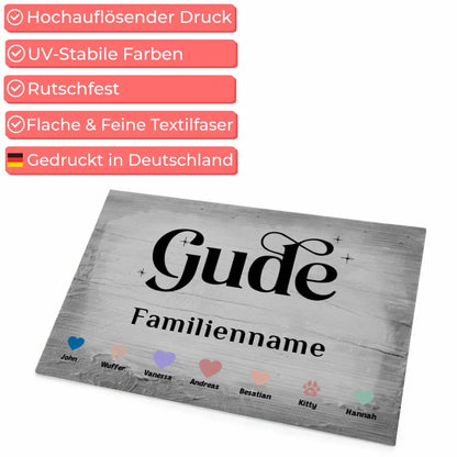 Personalisierte Fußmatte Gude mit Herzen und Haustieren