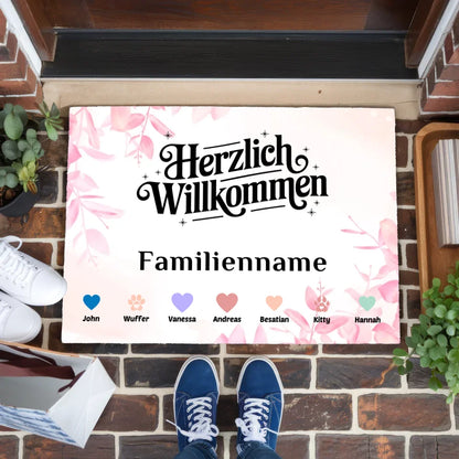 Personalisierte Fußmatte mit Namen und Herzen für Haustiere Welcome