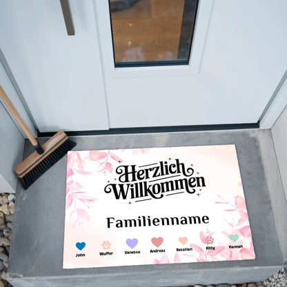 Personalisierte Fußmatte mit Namen und Herzen für Haustiere Welcome