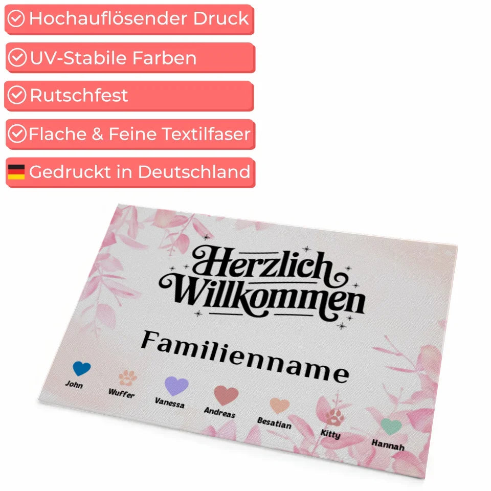 Personalisierte Fußmatte mit Namen und Herzen für Haustiere Welcome