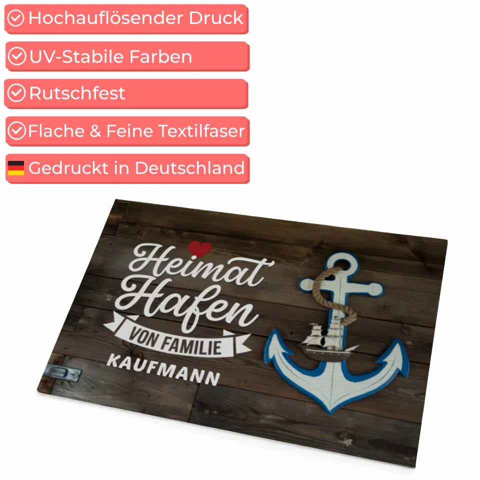 Personalisierte Fußmatte mit Namen Heimat Hafen als dekoratives Geschenk