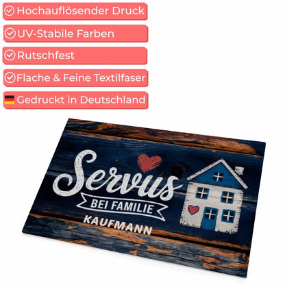 Personalisierte Fußmatte mit Namen Servus für dein Zuhause