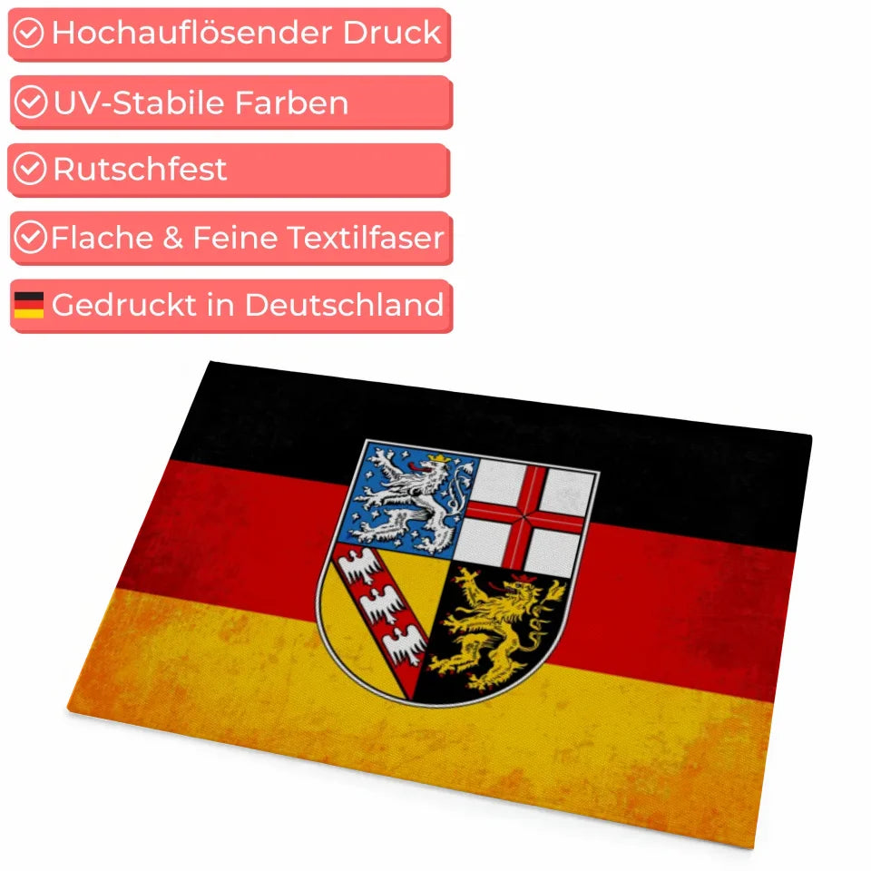 Personalisierte Fußmatte Saarland mit Länderflagge und Wunschtext