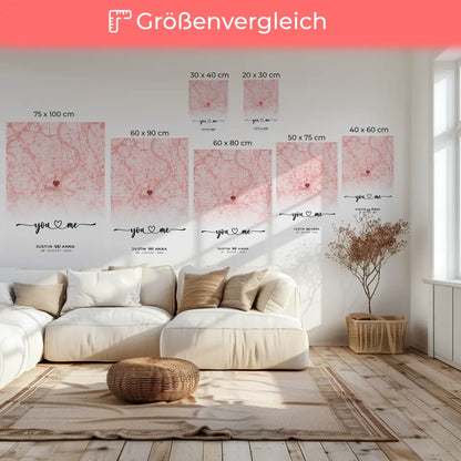 Personalisierte Leinwand Stadtkarten Paare You & Me Roserot mit Namen