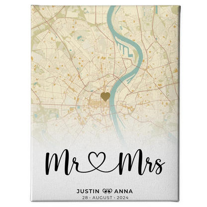 Personalisierte Leinwand Stadtkarten Mr & Mrs Paare Vintage Wo Alles Begann