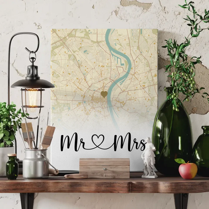 Personalisierte Leinwand Stadtkarten Mr & Mrs Paare Vintage Wo Alles Begann