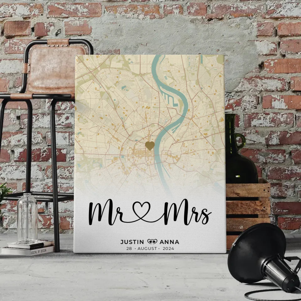 Personalisierte Leinwand Stadtkarten Mr & Mrs Paare Vintage Wo Alles Begann