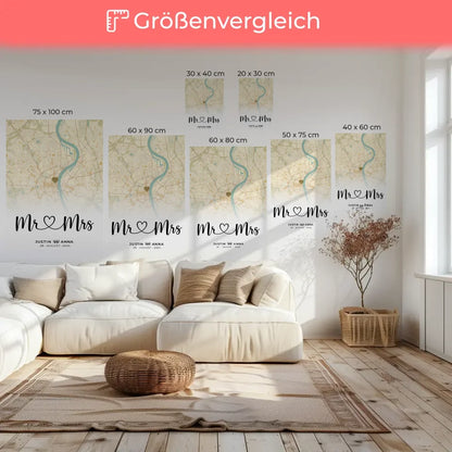 Personalisierte Leinwand Stadtkarten Mr & Mrs Paare Vintage Wo Alles Begann