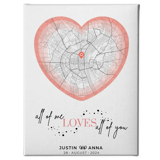Personalisierte Stadtkarten Leinwand Paare Herz All Of Me mit Namen 1