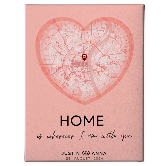 Personalisierte Stadtkarten Leinwand Herz Altrosa Paare Home Is Wherever I Am With You 1