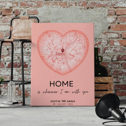 Personalisierte Stadtkarten Leinwand Herz Altrosa Paare Home Is Wherever I Am With You