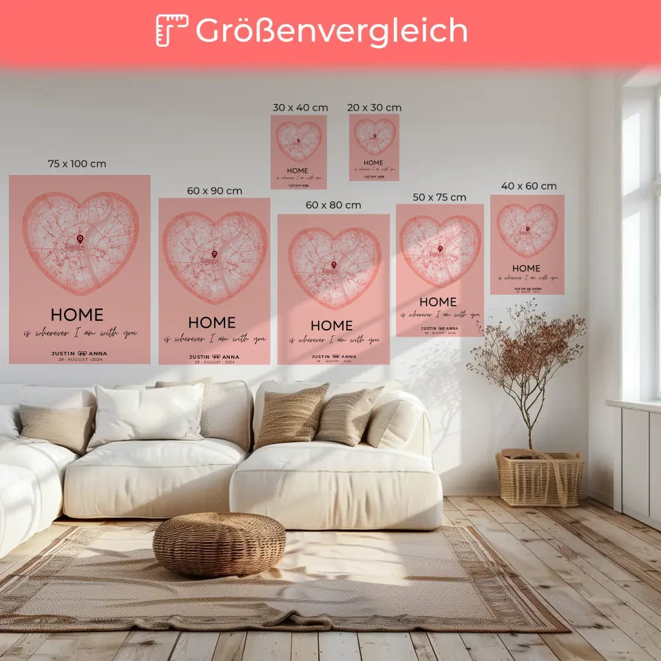 Personalisierte Stadtkarten Leinwand Herz Altrosa Paare Home Is Wherever I Am With You