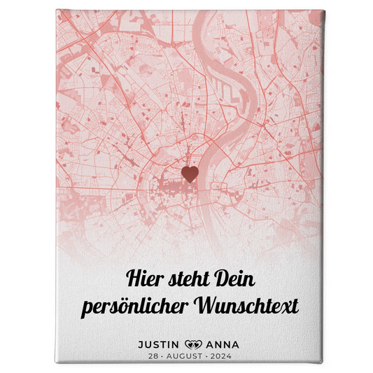 Personalisierte Stadtkarten Leinwand für Paare Herz Altrosa Roserot Home Is Wherever I Am With You