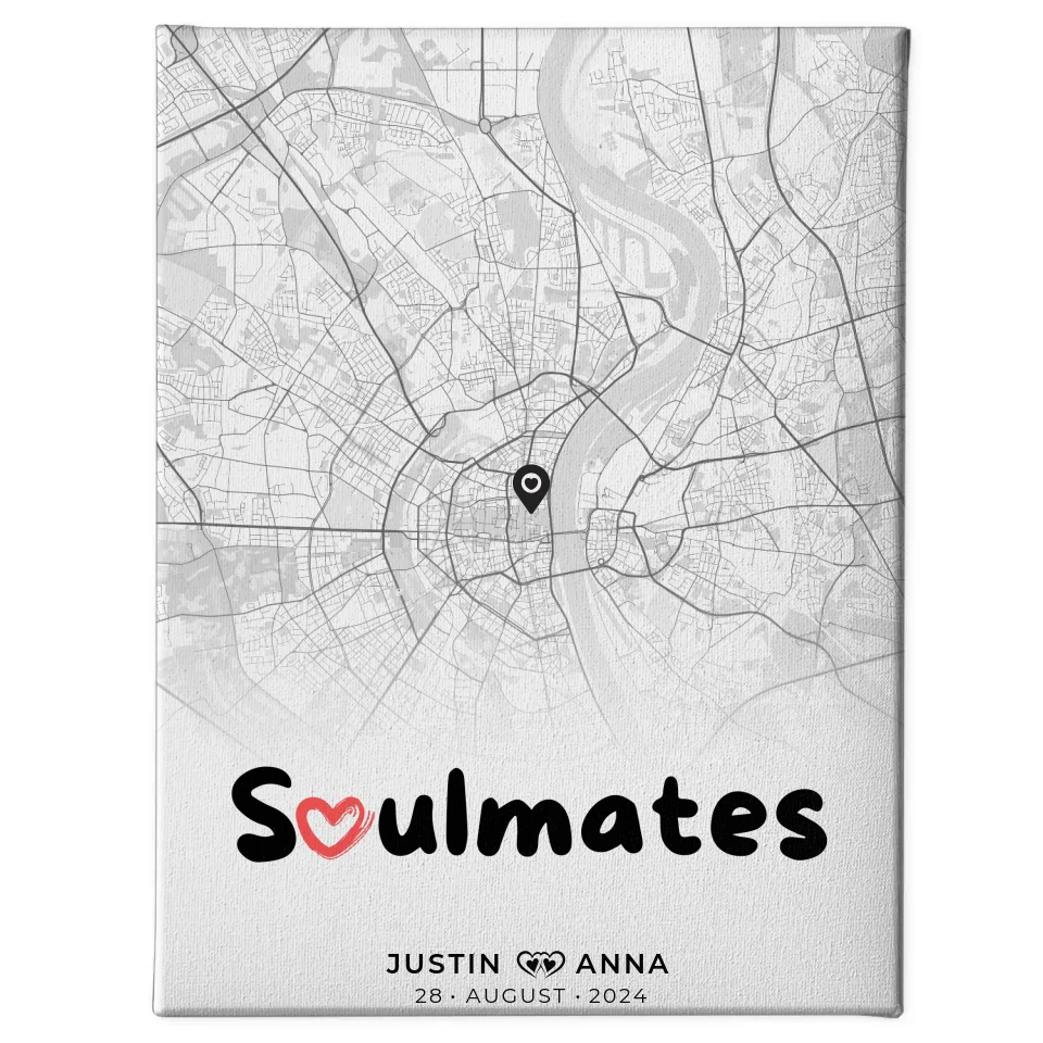 Personalisierte Stadtkarten Leinwand für Paare Soulmates schwarz weiß