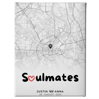 Personalisierte Stadtkarten Leinwand für Paare Soulmates schwarz weiß