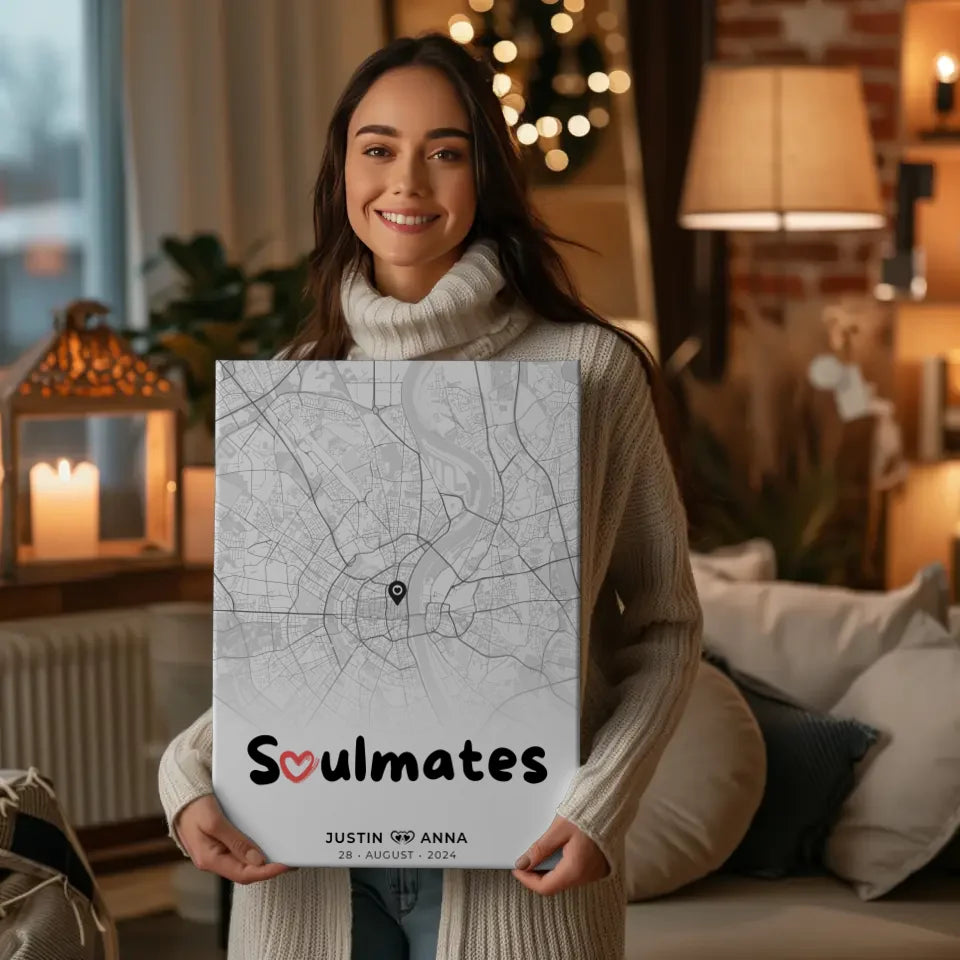 Personalisierte Stadtkarten Leinwand für Paare Soulmates schwarz weiß