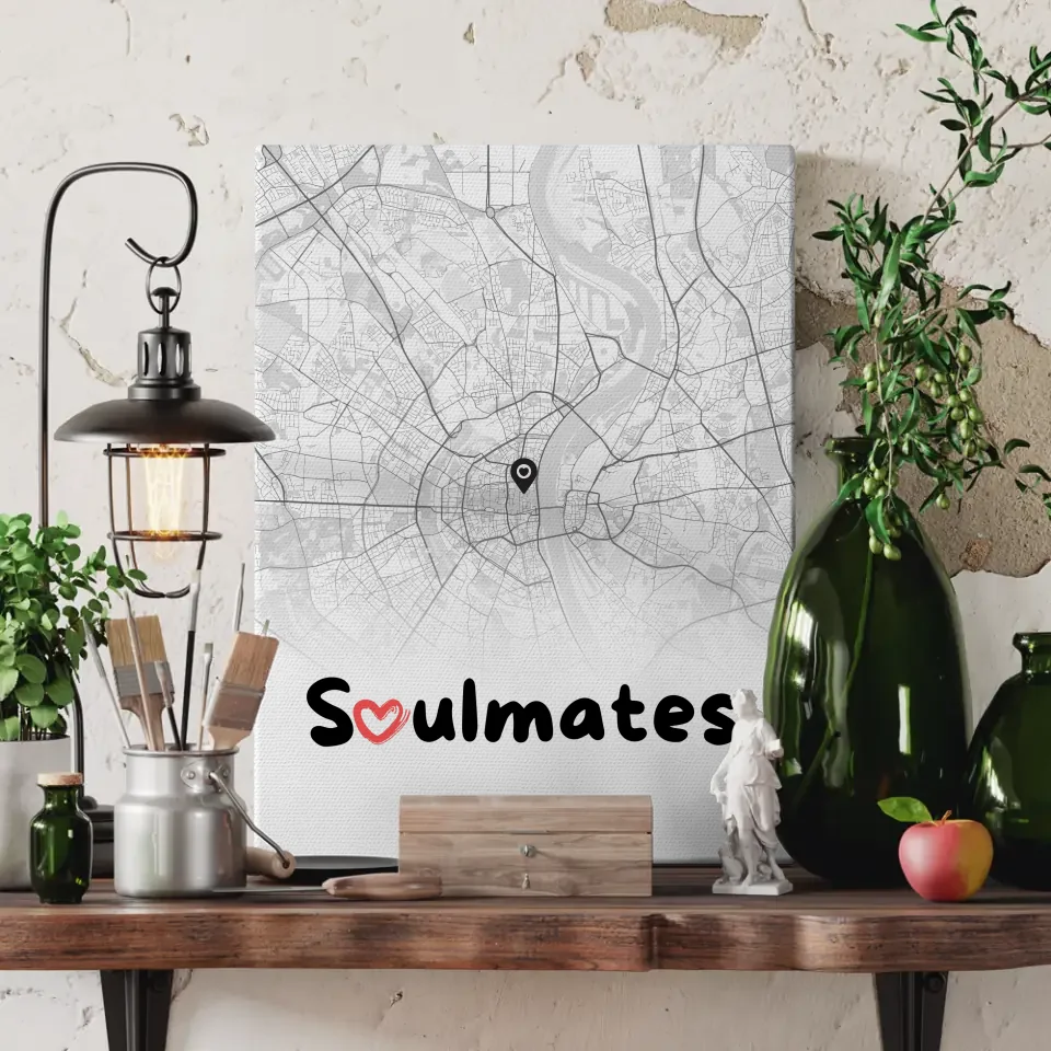 Personalisierte Stadtkarten Leinwand für Paare Soulmates schwarz weiß