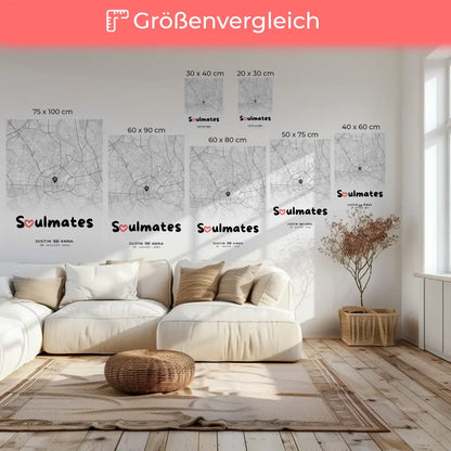 Personalisierte Stadtkarten Leinwand für Paare Soulmates schwarz weiß